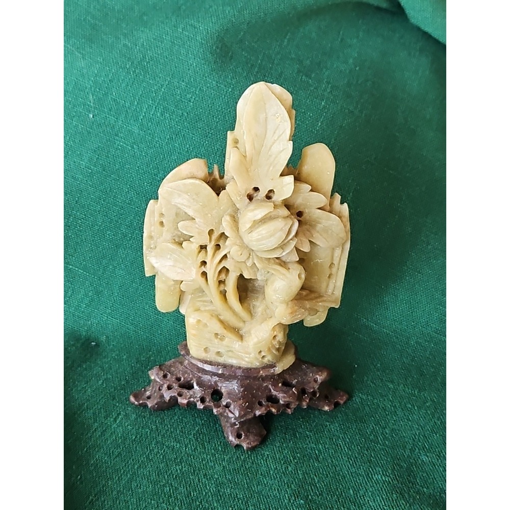 Chinese Soapstone Sculpture HAND-CARVED 4" BIRD Peony Feng Huang